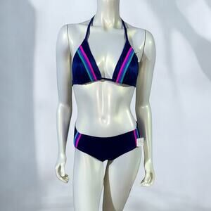 Vintage 70s JCPenney Navy Blue Bikini Rainbow Stripes 2 Piece Swimsuit Size 12/M